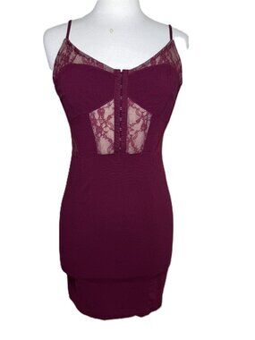 Free People Intimately Free Maroon Corset-Style Dress, Sheer Lace Panels, Large